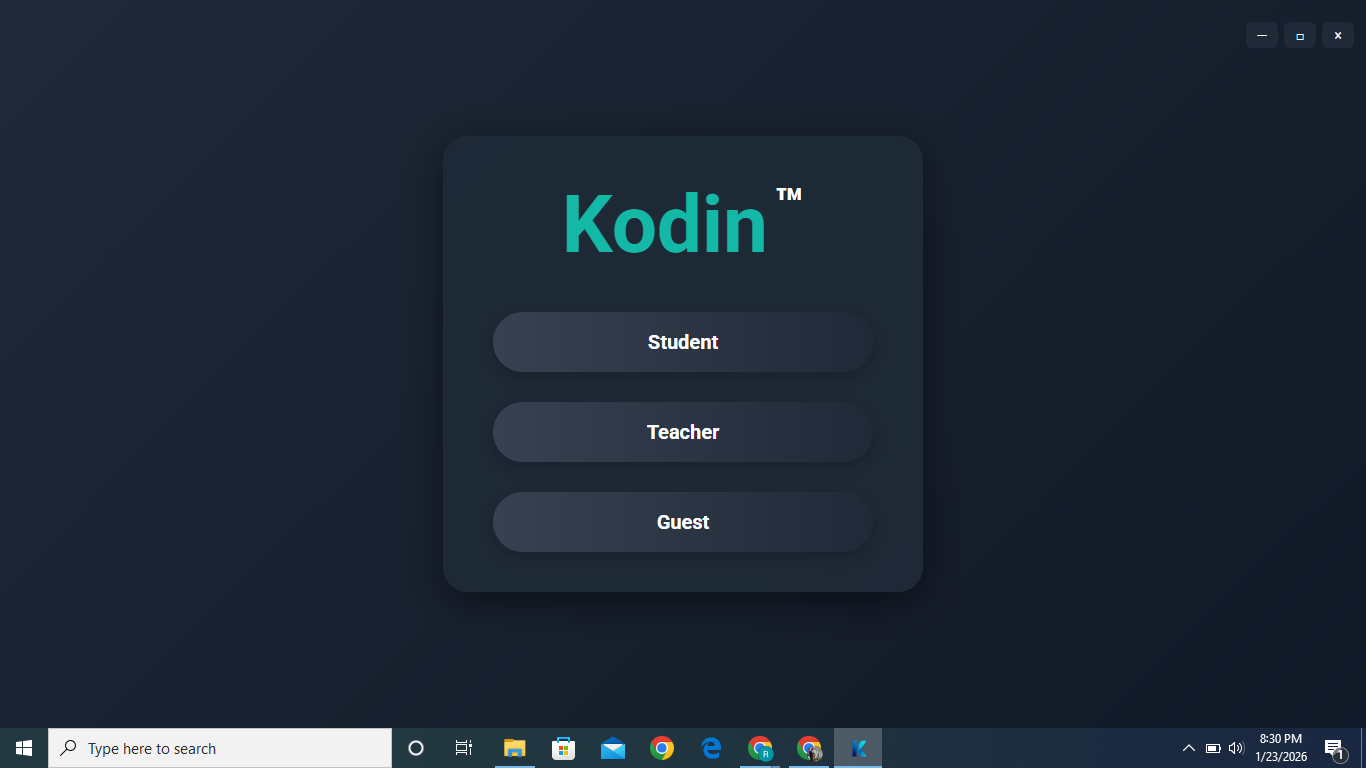 Kodin login interface for academic integrity code editor